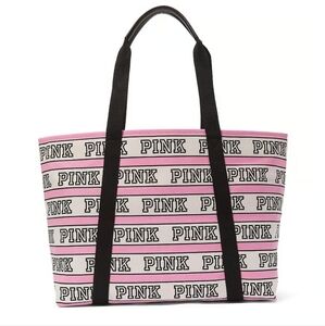 VICTORIA'S SECRET LOGO PINK STRIPED ZIP TOP CANVAS TOTE NEW WITH TAGS